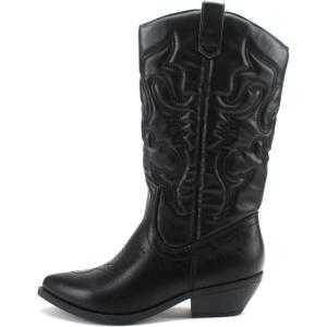 Soda RENO ~ Women Western Cowboy Stitched Pointe Toe Low Heel Ankle Mid Shaft Fashion Boots(Black Pu)
