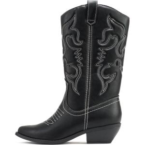 Soda RENO ~ Women Western Cowboy Stitched Pointe Toe Low Heel Ankle Mid Shaft Fashion Boots(Black Pu/Off Wht Stitch)