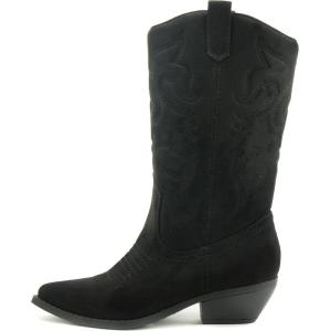 Soda RENO ~ Women Western Cowboy Stitched Pointe Toe Low Heel Ankle Mid Shaft Fashion Boots(Black Suede)