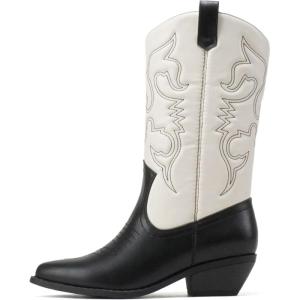 Soda RENO ~ Women Western Cowboy Stitched Pointe Toe Low Heel Ankle Mid Shaft Fashion Boots(Black White Combo Pu)