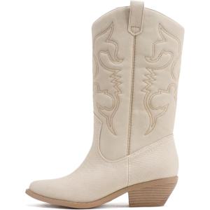 Soda RENO ~ Women Western Cowboy Stitched Pointe Toe Low Heel Ankle Mid Shaft Fashion Boots(Cobra Nude)