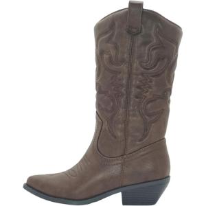 Soda RENO ~ Women Western Cowboy Stitched Pointe Toe Low Heel Ankle Mid Shaft Fashion Boots(Dark Tan)
