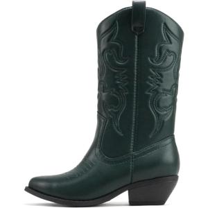 Soda RENO ~ Women Western Cowboy Stitched Pointe Toe Low Heel Ankle Mid Shaft Fashion Boots(Green)
