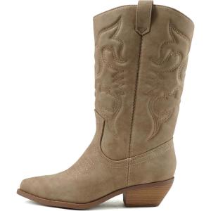Soda RENO ~ Women Western Cowboy Stitched Pointe Toe Low Heel Ankle Mid Shaft Fashion Boots(Lt-taupe Nubuck)