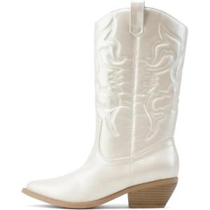Soda RENO ~ Women Western Cowboy Stitched Pointe Toe Low Heel Ankle Mid Shaft Fashion Boots(Pearl Pu)