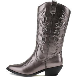 Soda RENO ~ Women Western Cowboy Stitched Pointe Toe Low Heel Ankle Mid Shaft Fashion Boots(Pewter Metallic Pu)