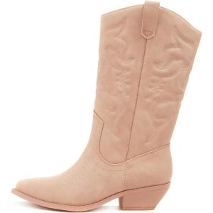 Soda RENO ~ Women Western Cowboy Stitched Pointe Toe Low Heel Ankle Mid Shaft Fashion Boots(Pink Nbpu)