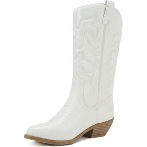 Soda RENO ~ Women Western Cowboy Stitched Pointe Toe Low Heel Ankle Mid Shaft Fashion Boots(Pu White)