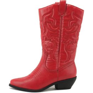 Soda RENO ~ Women Western Cowboy Stitched Pointe Toe Low Heel Ankle Mid Shaft Fashion Boots(Red)