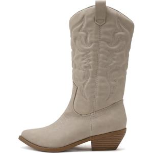 Soda RENO ~ Women Western Cowboy Stitched Pointe Toe Low Heel Ankle Mid Shaft Fashion Boots(Sand Nubuck)