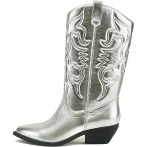 Soda RENO ~ Women Western Cowboy Stitched Pointe Toe Low Heel Ankle Mid Shaft Fashion Boots(Silver Metallic Pu)