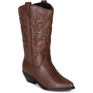 Soda RENO ~ Women Western Cowboy Stitched Pointe Toe Low Heel Ankle Mid Shaft Fashion Boots(Tan)