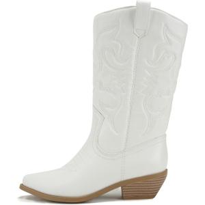 Soda RENO ~ Women Western Cowboy Stitched Pointe Toe Low Heel Ankle Mid Shaft Fashion Boots(White)