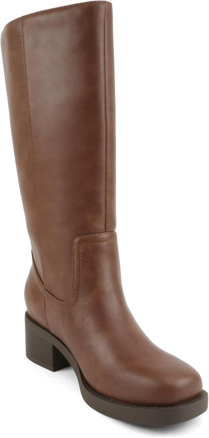 image:imageSoda Belvin Women Square Toe Platform MidCalf BootCognac Pu