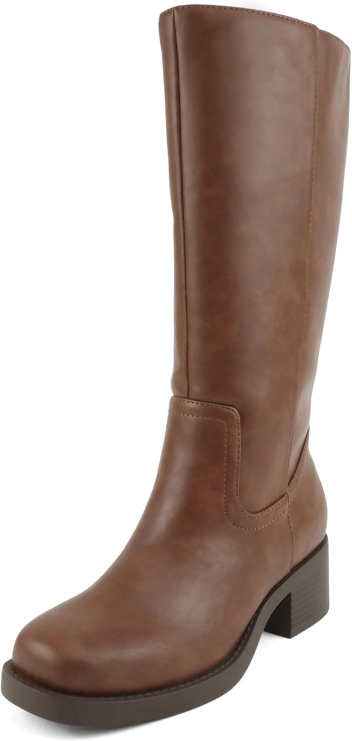 image:imageSoda Belvin Women Square Toe Platform MidCalf BootCognac Pu
