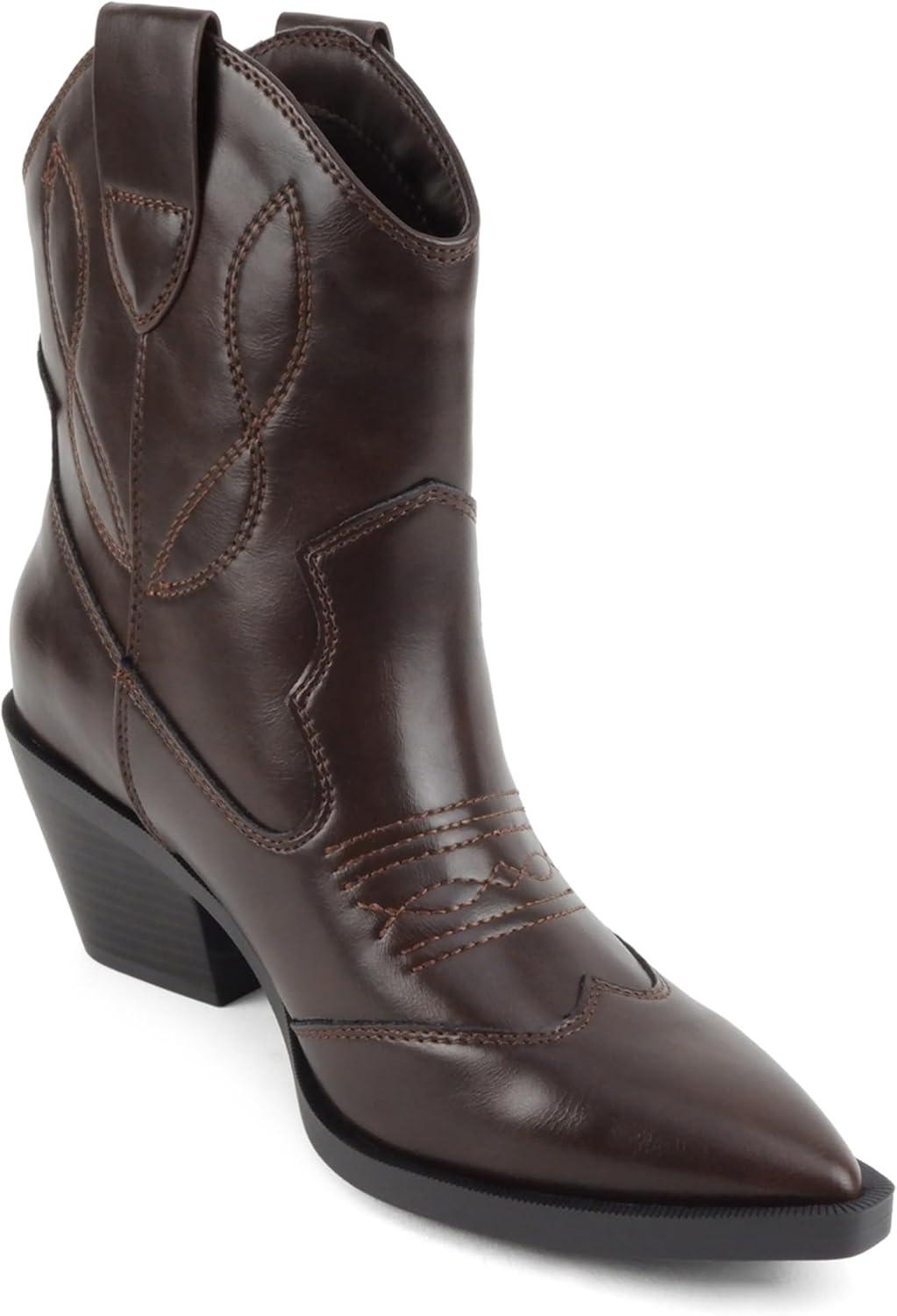 image:imageSoda Incity Women Pointed Toe Western Ankle Boot with Stitched DetailsBrown Pu