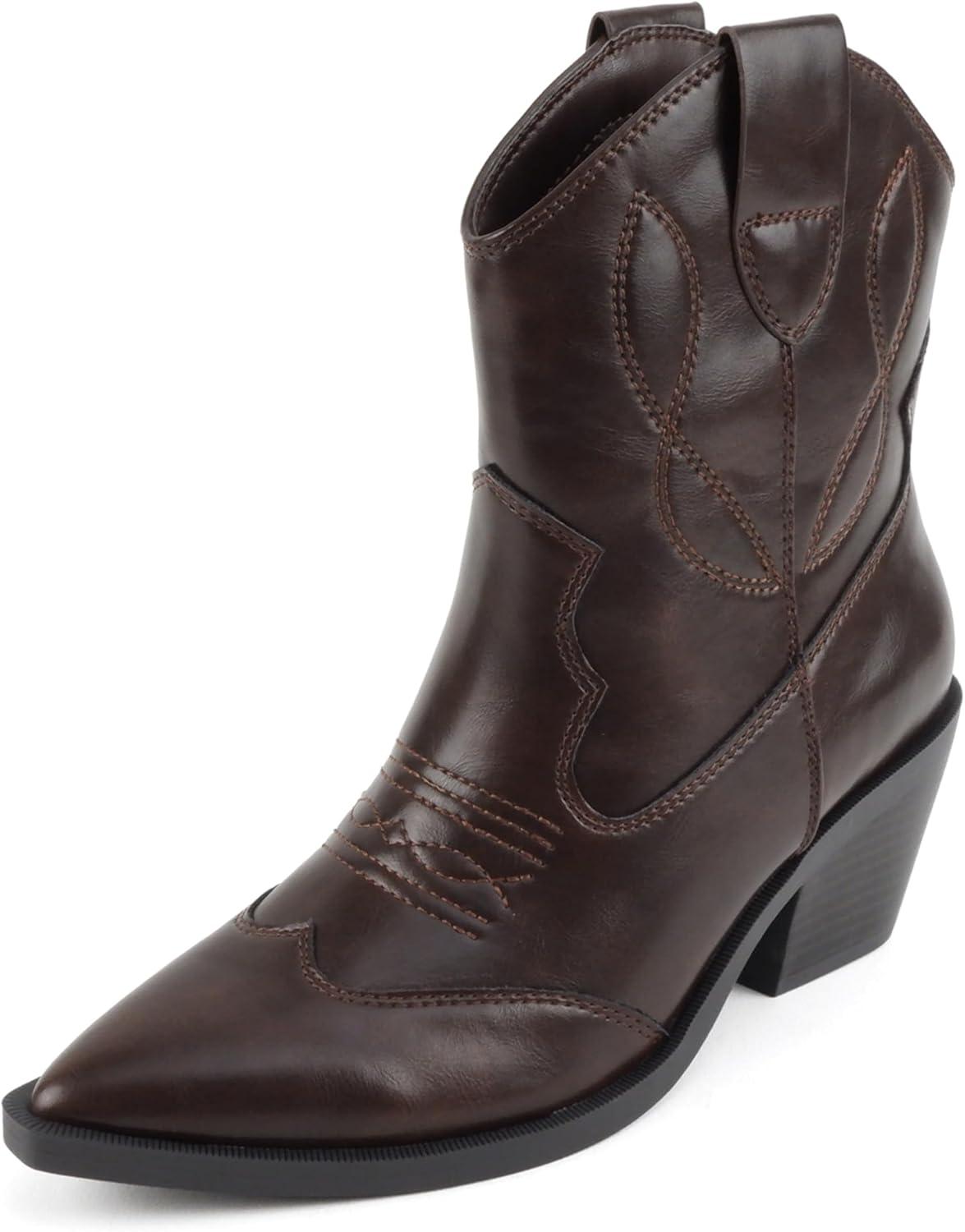 image:imageSoda Incity Women Pointed Toe Western Ankle Boot with Stitched DetailsBrown Pu