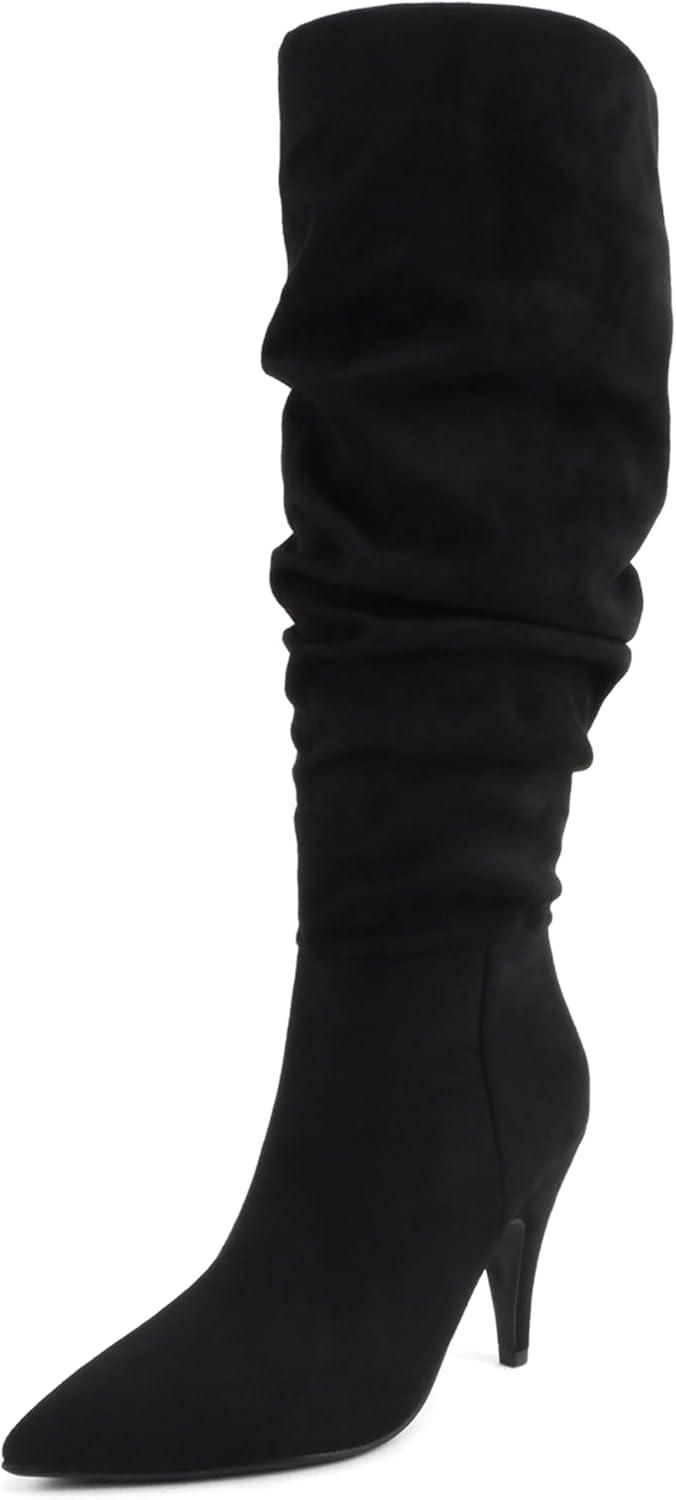 image:imageSoda Montana Women Pointed Toe High Heel Slouchy Knee High BootsBlack Imit Suede