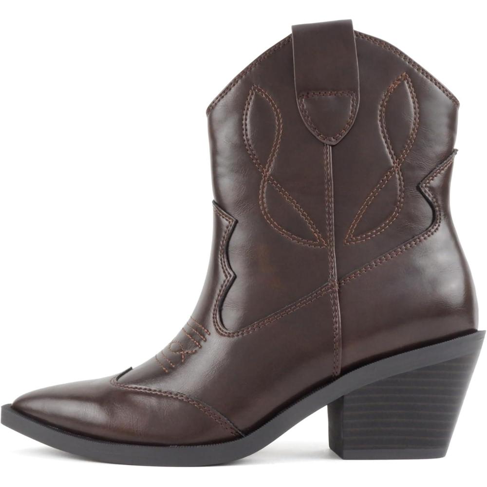 image:imageSoda Incity  Women Pointed Toe Western Ankle Boot with Stitched DetailsBrown Pu