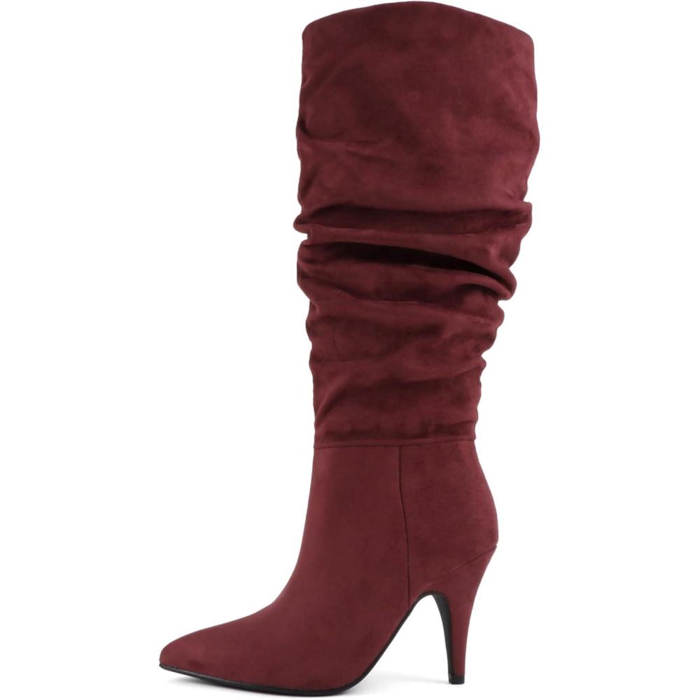 image:imageSoda Montana Women Pointed Toe High Heel Slouchy Knee High BootsBurgundy Imit Suede