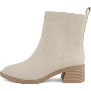 Soda Beaver ~ Women Round Toe Low Block Heel Ankle Boot with Side Zipper(Beige Nubuck)