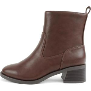 Soda Beaver ~ Women Round Toe Low Block Heel Ankle Boot with Side Zipper(Brown Pu)
