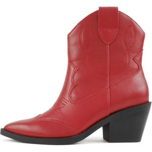Soda Incity – Women Pointed Toe Western Ankle Boot with Stitched Details(Red Pu)