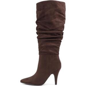 Soda Montana ~ Women Pointed Toe High Heel Slouchy Knee High Boots(Mocha Imit Suede)
