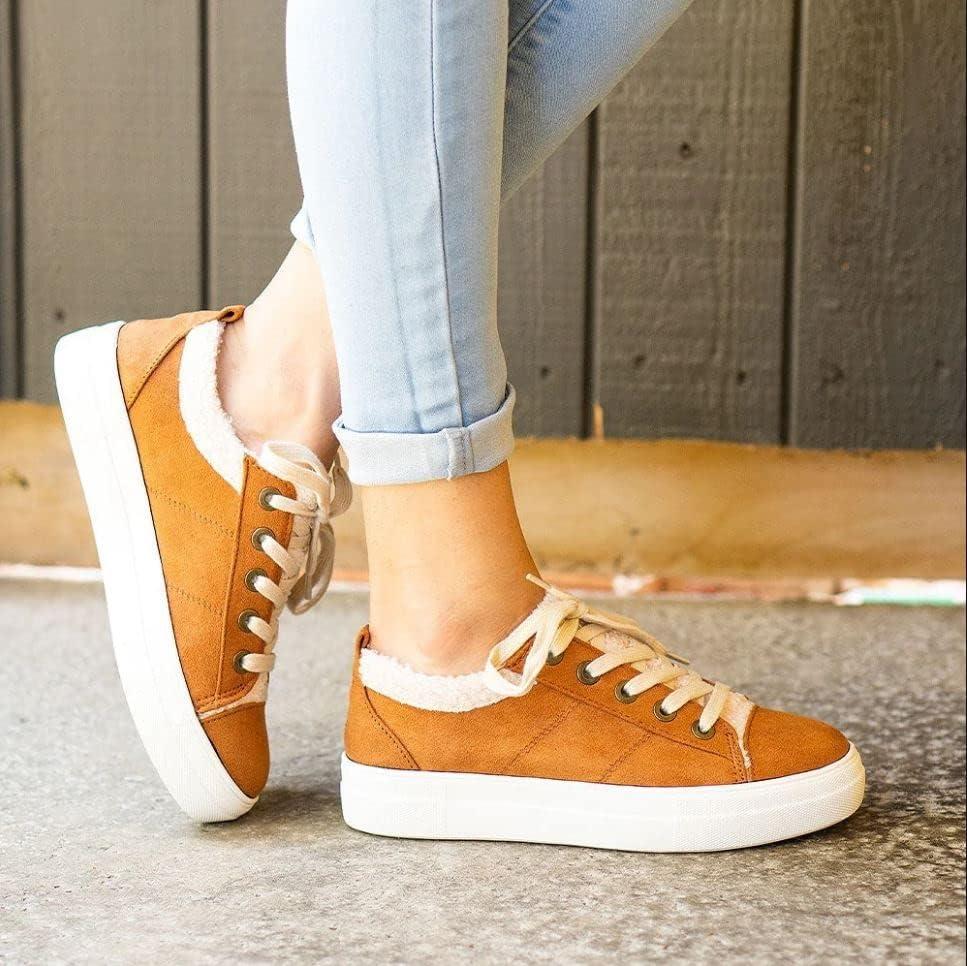 image:imageSoda Flat Womens Shoes Lace Up Loafers Casual Sneakers Synthetic Fur Hidden Flatform EndearGTan