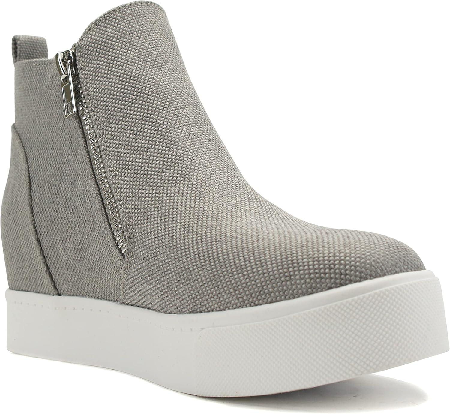 image:imageSoda Taylor Hidden Wedge Sole Booties Ankle Heels Sneaker Shoes Side ZipperGrey Canvas