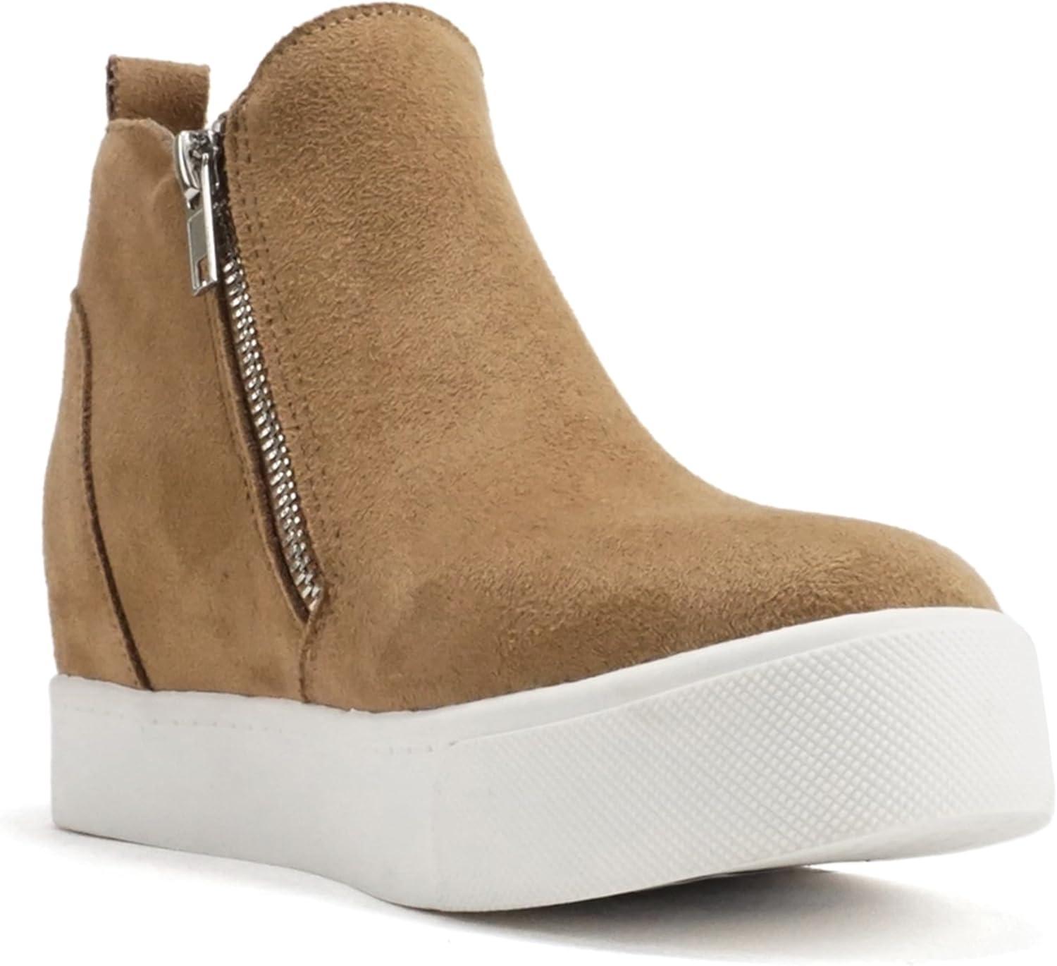 image:imageSoda Taylor Hidden Wedge Sole Booties Ankle Heels Sneaker Shoes Side ZipperMid Tan Suede