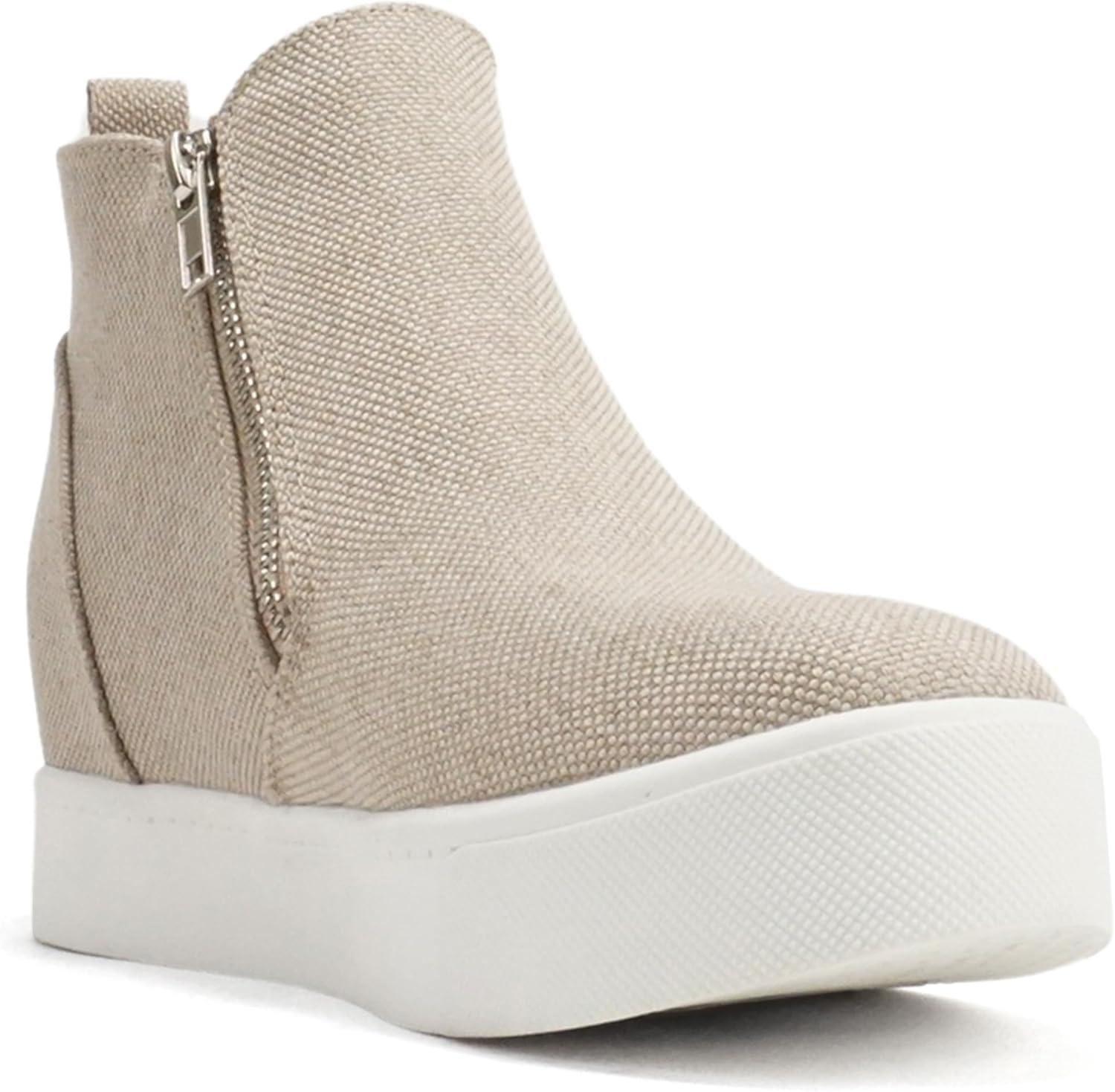 image:imageSoda Taylor Hidden Wedge Sole Booties Ankle Heels Sneaker Shoes Side ZipperNatural Canvas