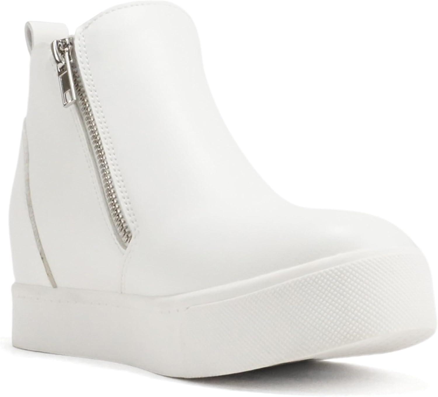 image:imageSoda Taylor Hidden Wedge Sole Booties Ankle Heels Sneaker Shoes Side ZipperWhite Pu