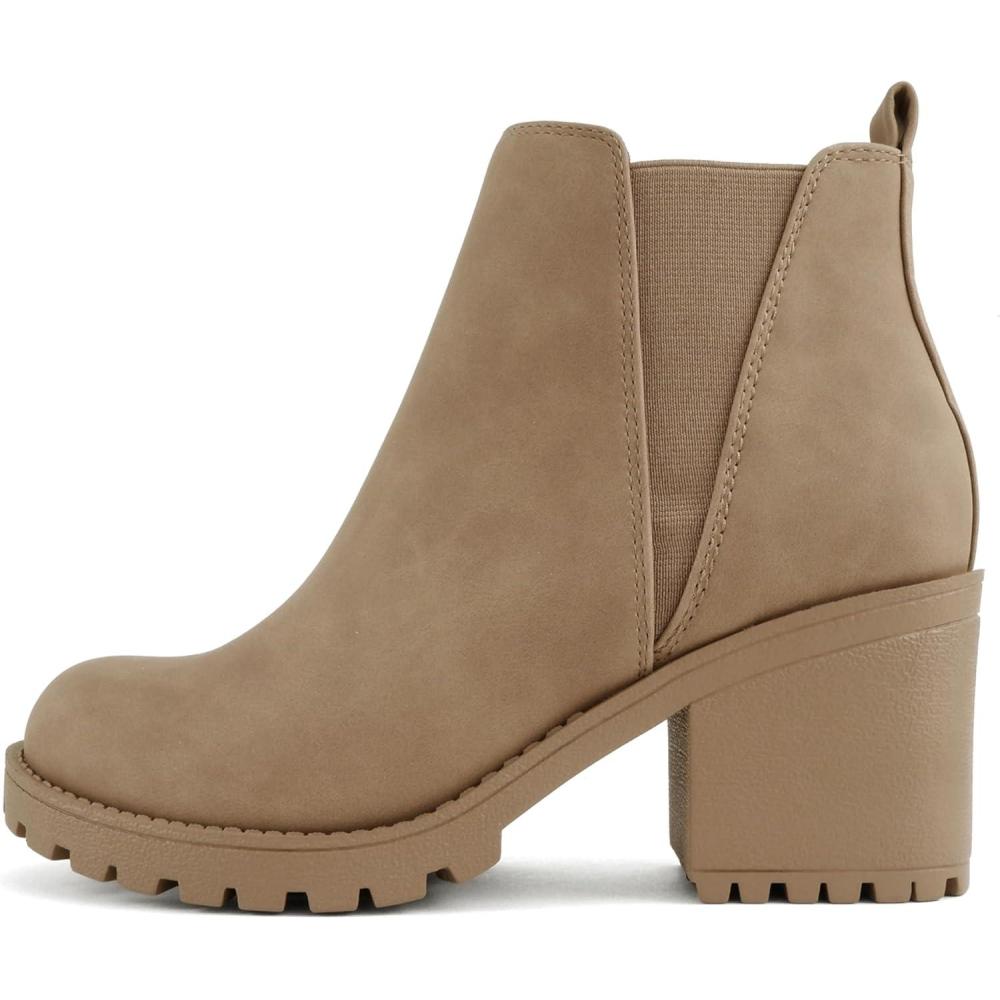 image:imageSoda ORIGAMI  WOMEN LUG SOLE MID HEEL FASHION ANKLE BOOTIE WDOUBLE ELASTIC GORETaupe Nubuck