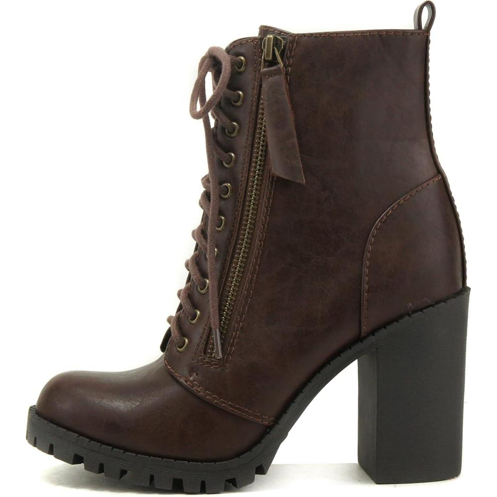 image:imageSoda Womens Malia Faux Lace Up Chunky Lug Sole Combat BootBrown