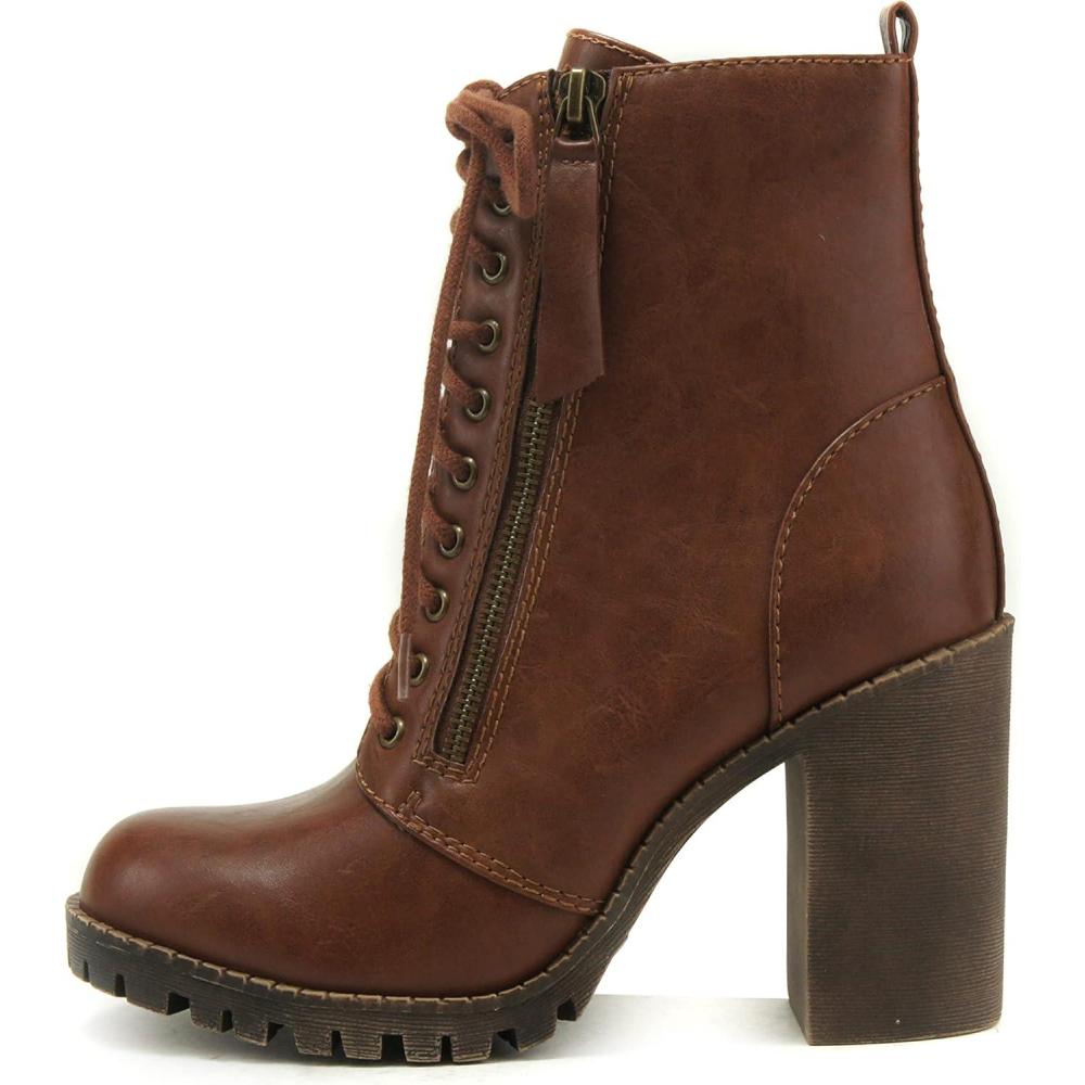 image:imageSoda Womens Malia Faux Lace Up Chunky Lug Sole Combat BootTan