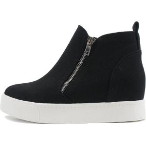 Soda Taylor Hidden Fahsion Wedge Sneaker Shoes Side Zipper(Black Canvas)