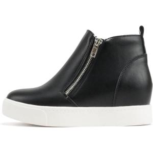 Soda Taylor Hidden Wedge Sole Booties Ankle Heels Sneaker Shoes Side Zipper(Black Pu)
