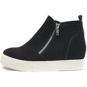 Soda Taylor Hidden Wedge Sole Booties Ankle Heels Sneaker Shoes Side Zipper(Black Suede)