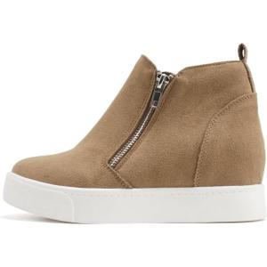 Soda Taylor Hidden Wedge Sole Booties Ankle Heels Sneaker Shoes Side Zipper(Mid Tan Suede)