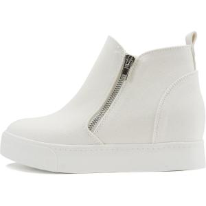 Soda Taylor Hidden Wedge Sole Booties Ankle Heels Sneaker Shoes Side Zipper(White Canvas)