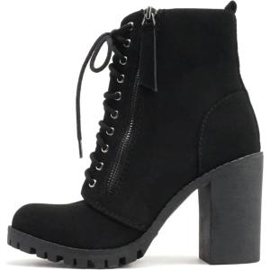 Soda Women’s Malia Faux Lace Up Chunky Lug Sole Combat Boot(Black Nubuck)