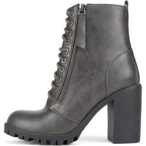 Soda Women’s Malia Faux Lace Up Chunky Lug Sole Combat Boot(Dk Grey Pu)