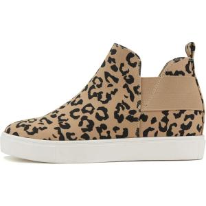 Soda Diana ~ Slip On Hidden Wedge Ankle Boot Fashion Sneaker with Elastic Gore Insets(Light Tan Leopard)