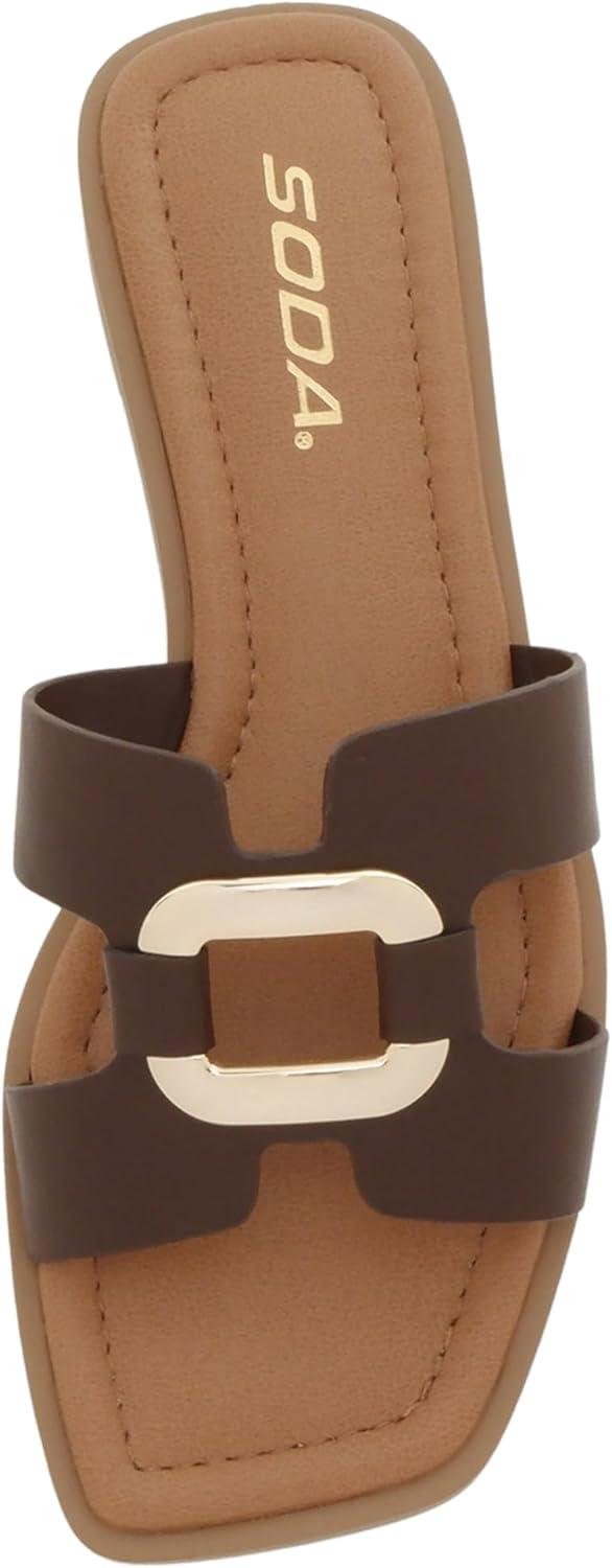 image:imageSoda FENG Women Square Toe HBand SlipOn Fashion Slide Sandal with Buckle DetailBrown Pu