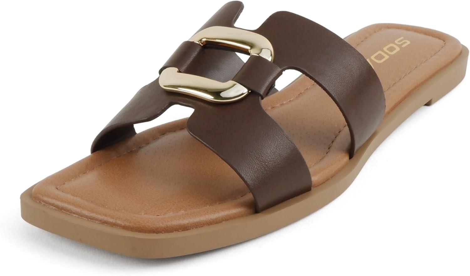 image:imageSoda FENG Women Square Toe HBand SlipOn Fashion Slide Sandal with Buckle DetailBrown Pu