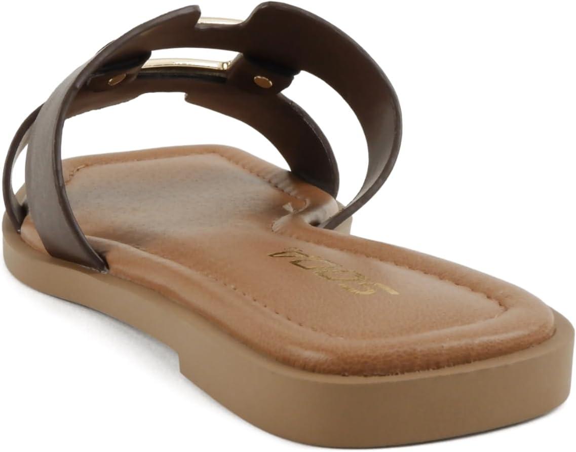 image:imageSoda FENG Women Square Toe HBand SlipOn Fashion Slide Sandal with Buckle DetailBrown Pu