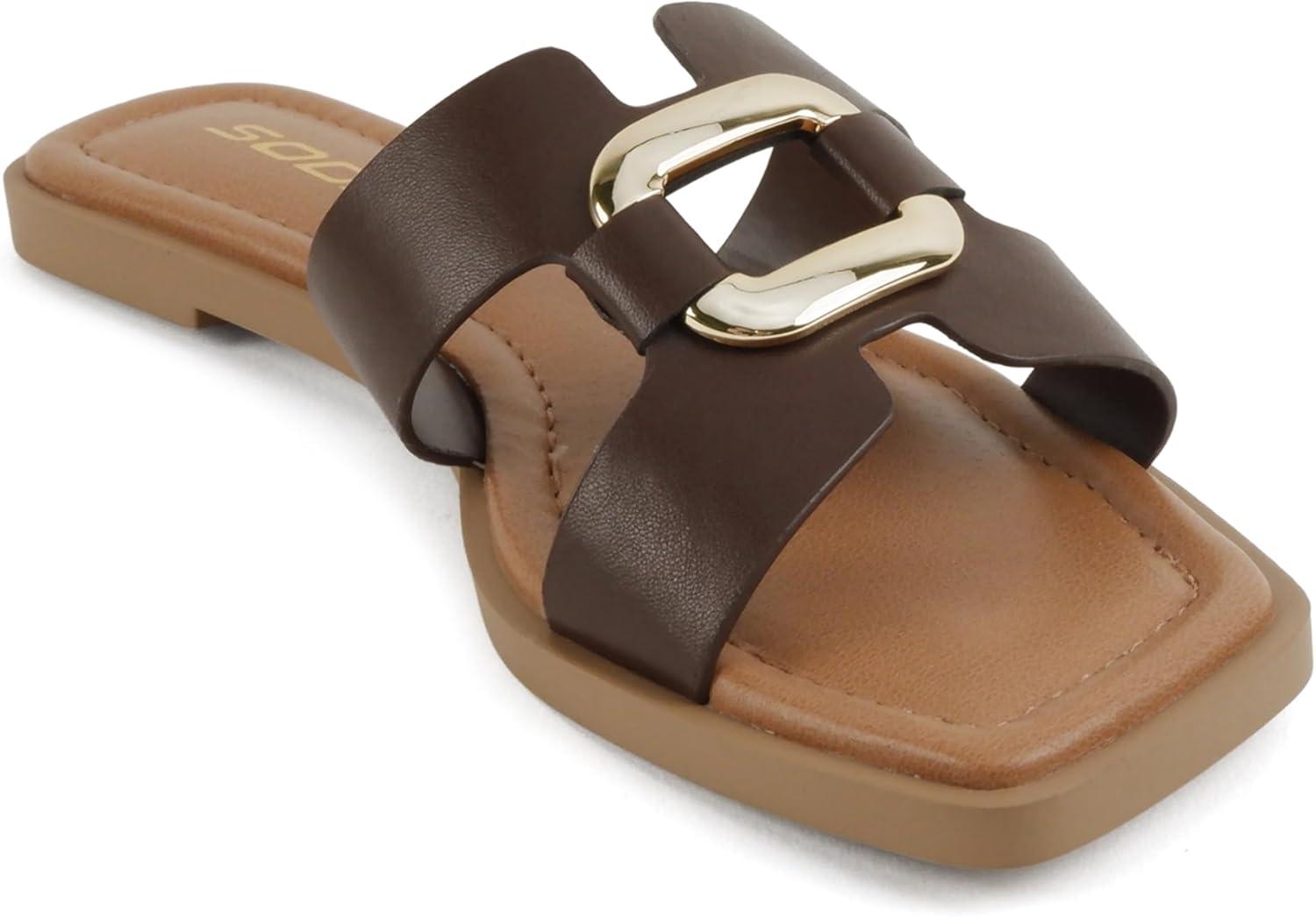image:imageSoda FENG Women Square Toe HBand SlipOn Fashion Slide Sandal with Buckle DetailBrown Pu