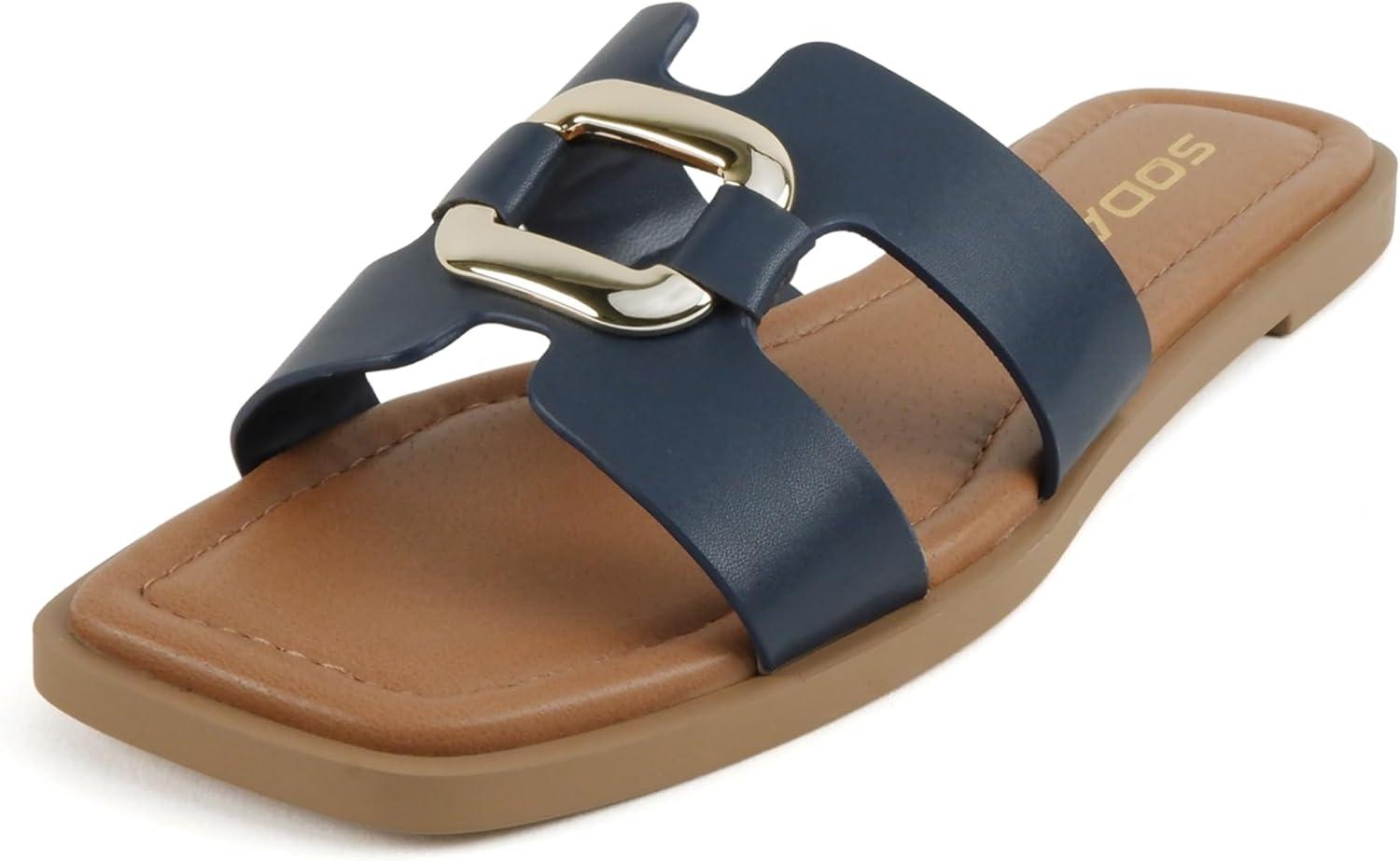 image:imageSoda FENG Women Square Toe HBand SlipOn Fashion Slide Sandal with Buckle DetailNavy Pu