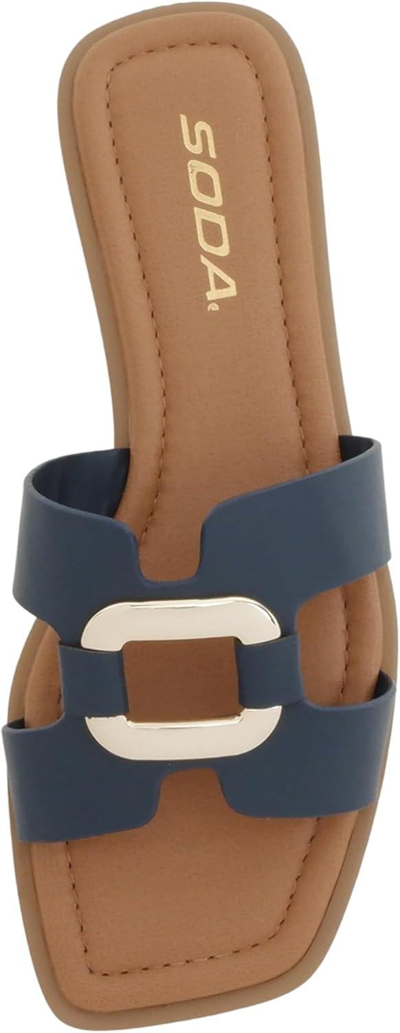 image:imageSoda FENG Women Square Toe HBand SlipOn Fashion Slide Sandal with Buckle DetailNavy Pu